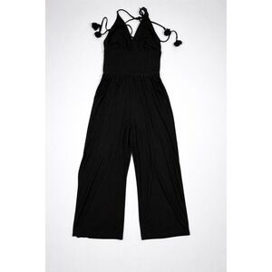 Venus Black Halter Jumpsuit Smocked Waist Tassel Pom Pom Ties Small